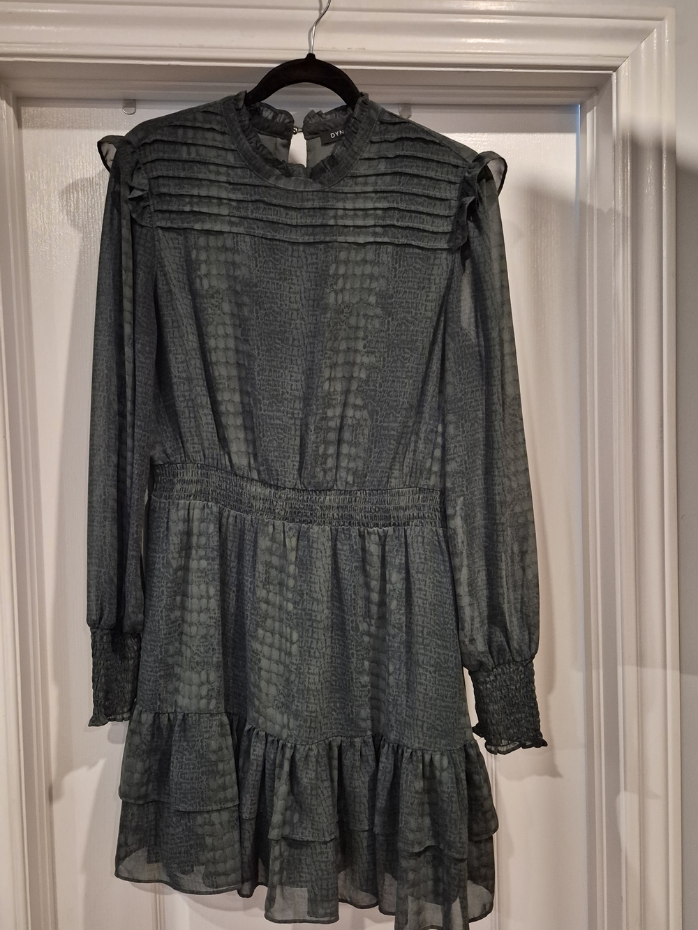 Dynamite Slate Green Textured Long-Sleeve Ruffle Hem Dress